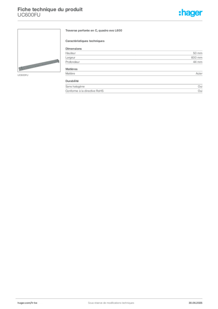 Image Hager Fiche technique du produit UC600FU | Hager Belgique