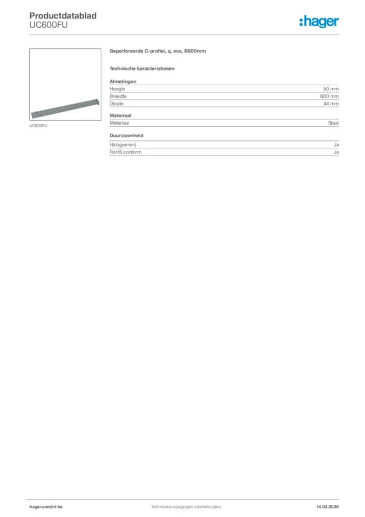 Afbeelding Hager Productdatablad UC600FU | Hager Belgium