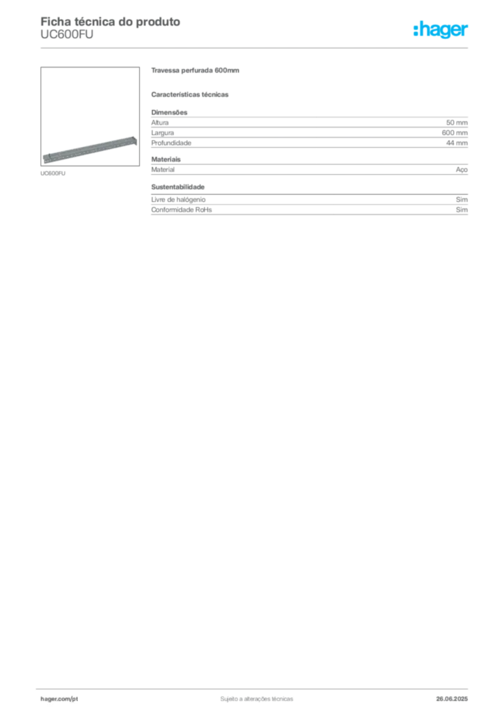 Imagem Hager Ficha técnica do produto UC600FU | Hager Portugal