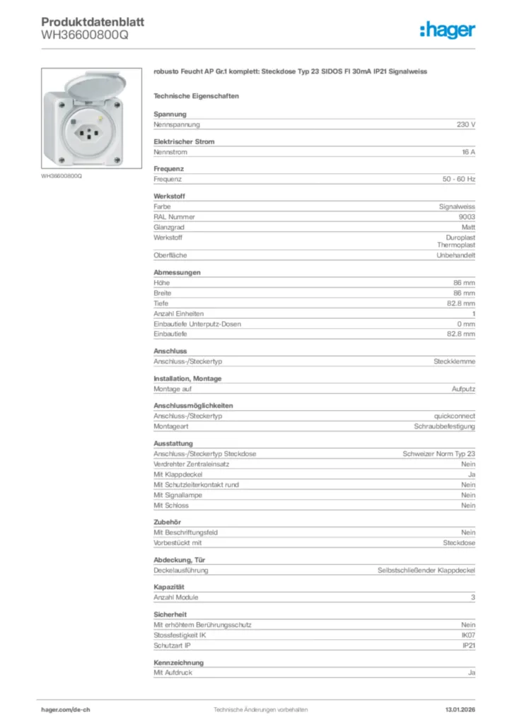 Bild Hager Produktdatenblatt WH36600800Q | Hager Schweiz