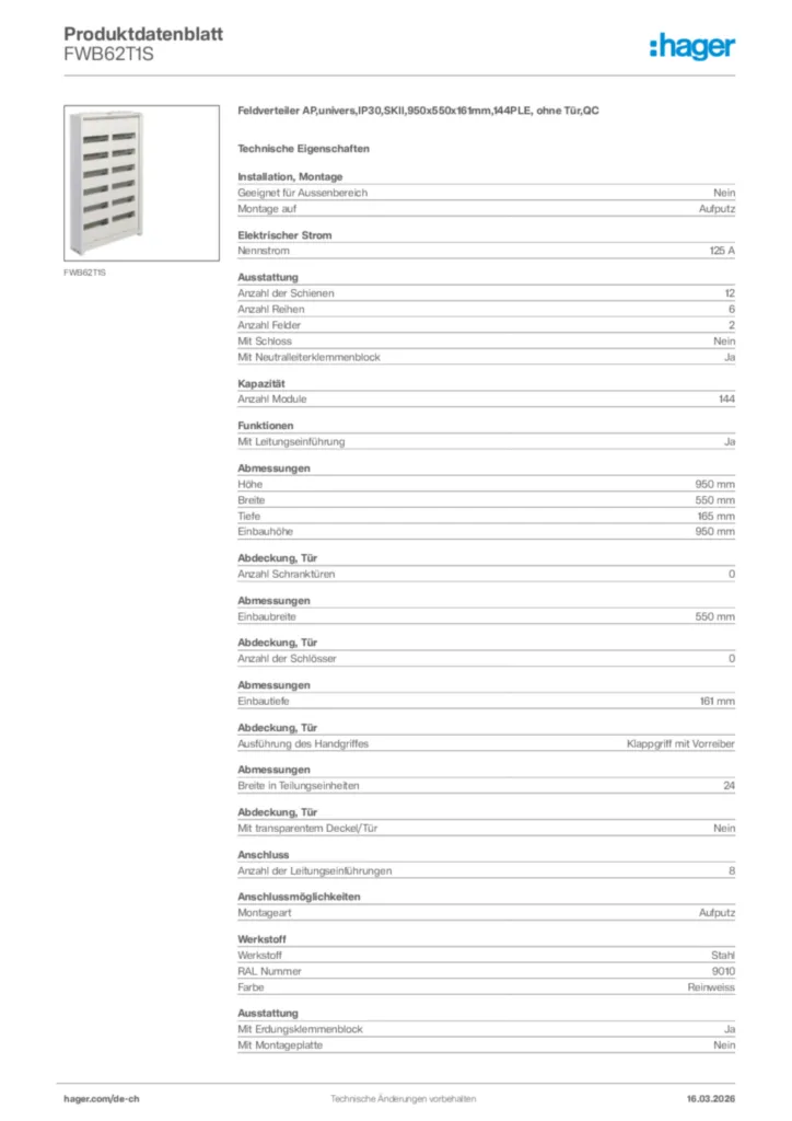 Bild Hager Produktdatenblatt FWB62T1S | Hager Schweiz