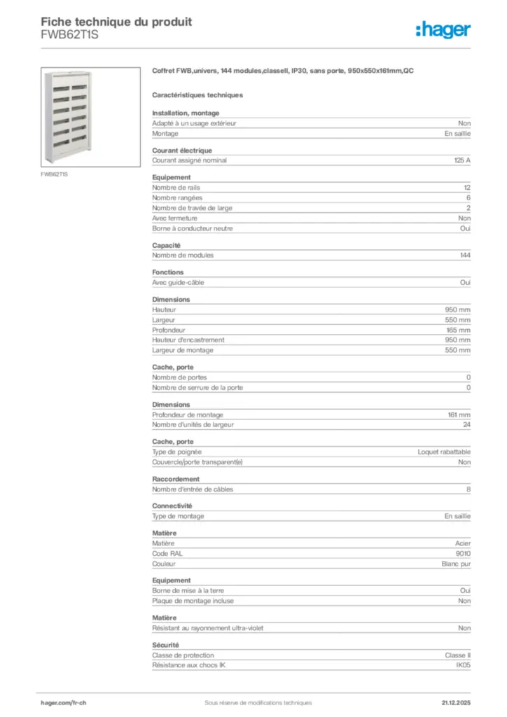 Image Hager Fiche technique du produit FWB62T1S | Hager Suisse