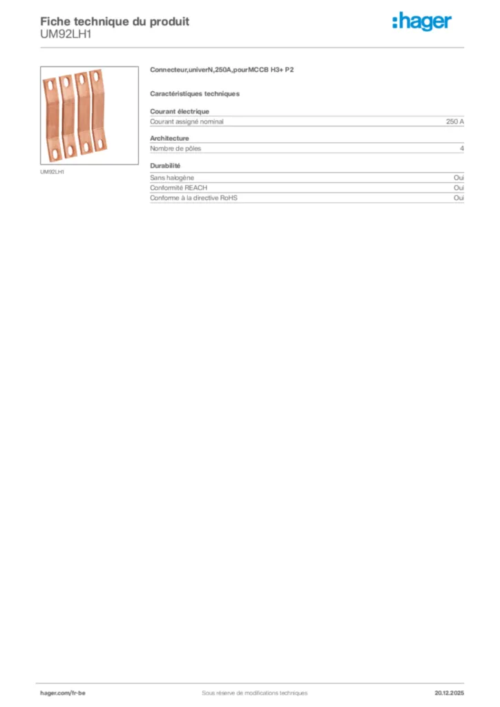 Image Hager Fiche technique du produit UM92LH1 | Hager Belgique
