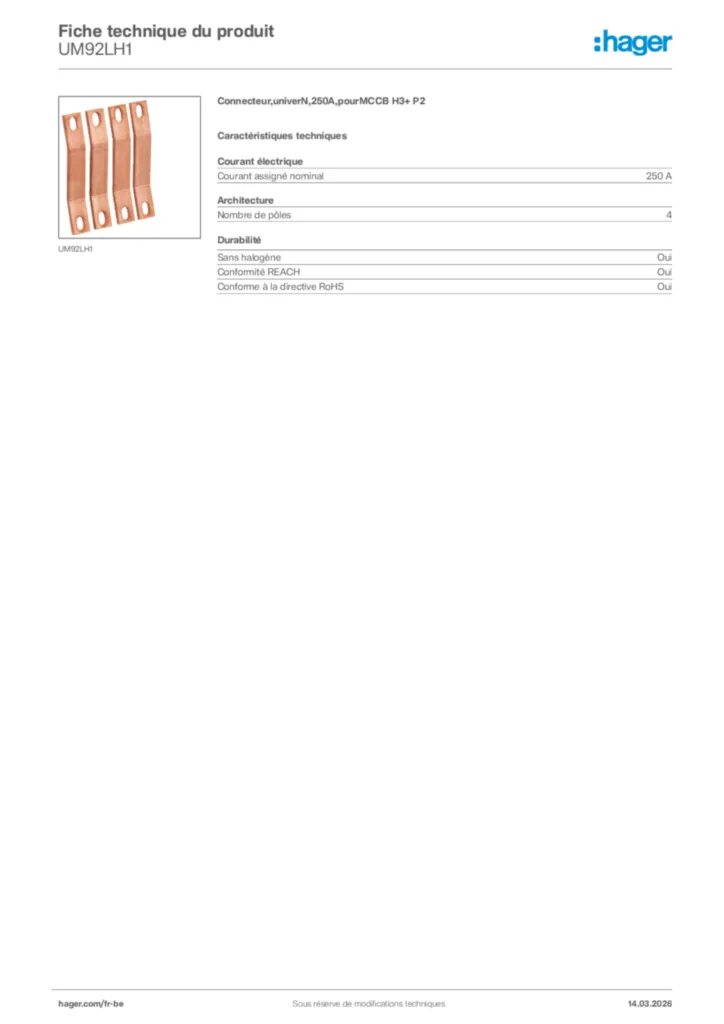 Image Hager Fiche technique du produit UM92LH1 | Hager Belgique