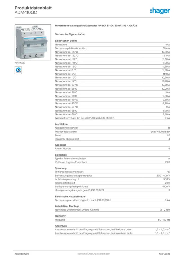 Hager Produktdatenblatt ADM410QC