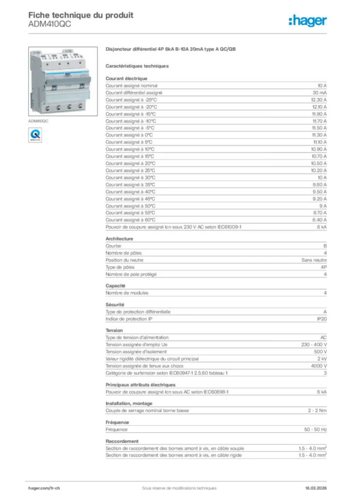 Image Hager Fiche technique du produit ADM410QC | Hager Suisse