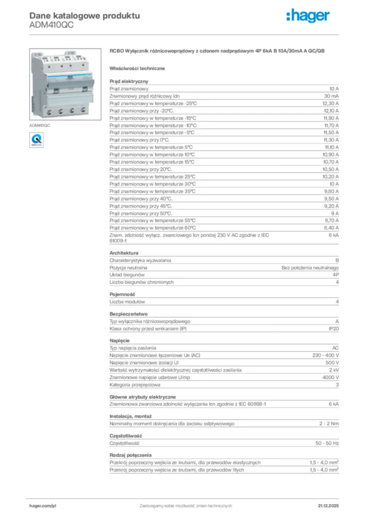 Zdjęcie Hager Dane katalogowe produktu ADM410QC | Hager Polska