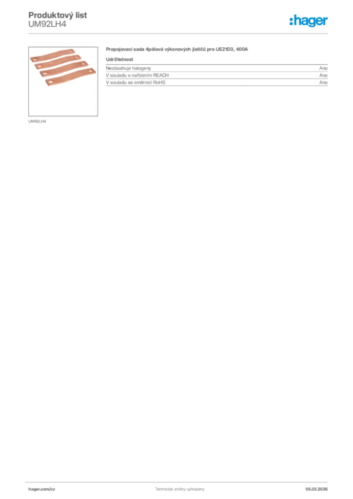 Obrázek Hager Product data sheet UM92LH4 | Hager