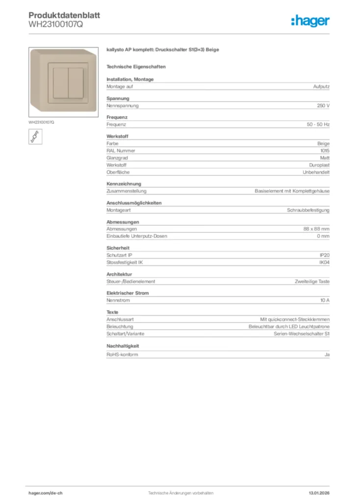 Bild Hager Produktdatenblatt WH23100107Q | Hager Schweiz