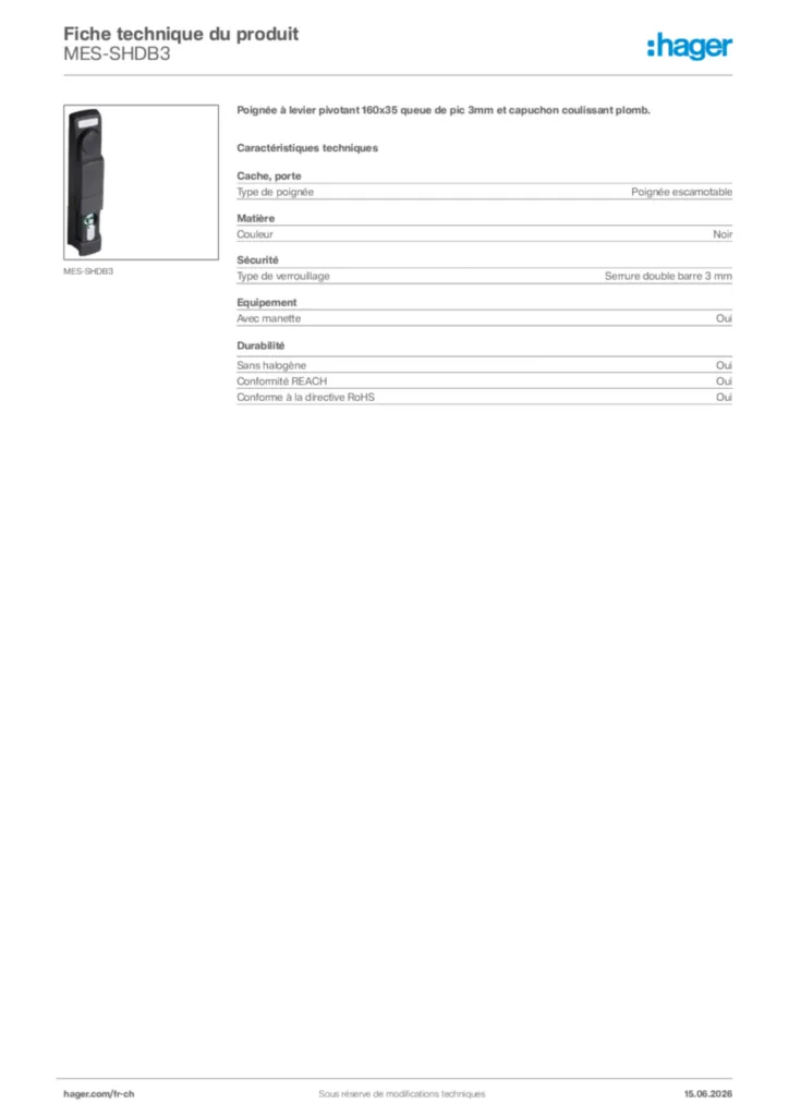 Image Hager Fiche technique du produit MES-SHDB3 | Hager Suisse