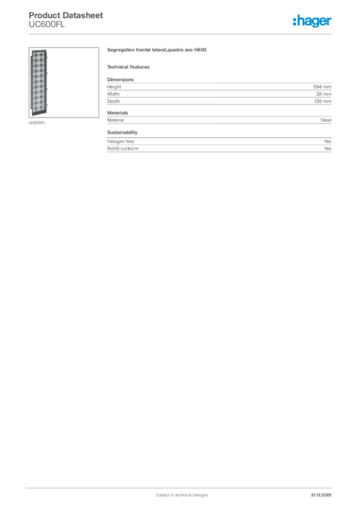 Image Hager Product data sheet UC600FL  | Hager Africa