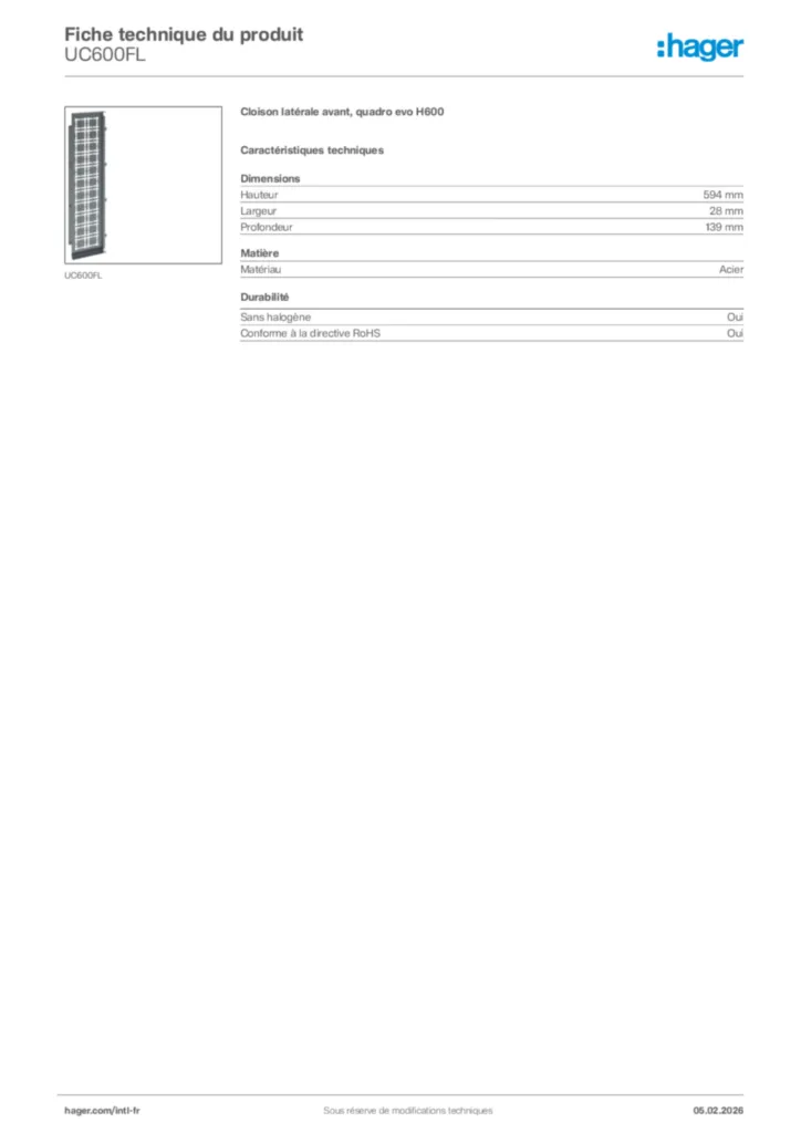 Image Hager Fiche technique du produit UC600FL | Hager Afrique