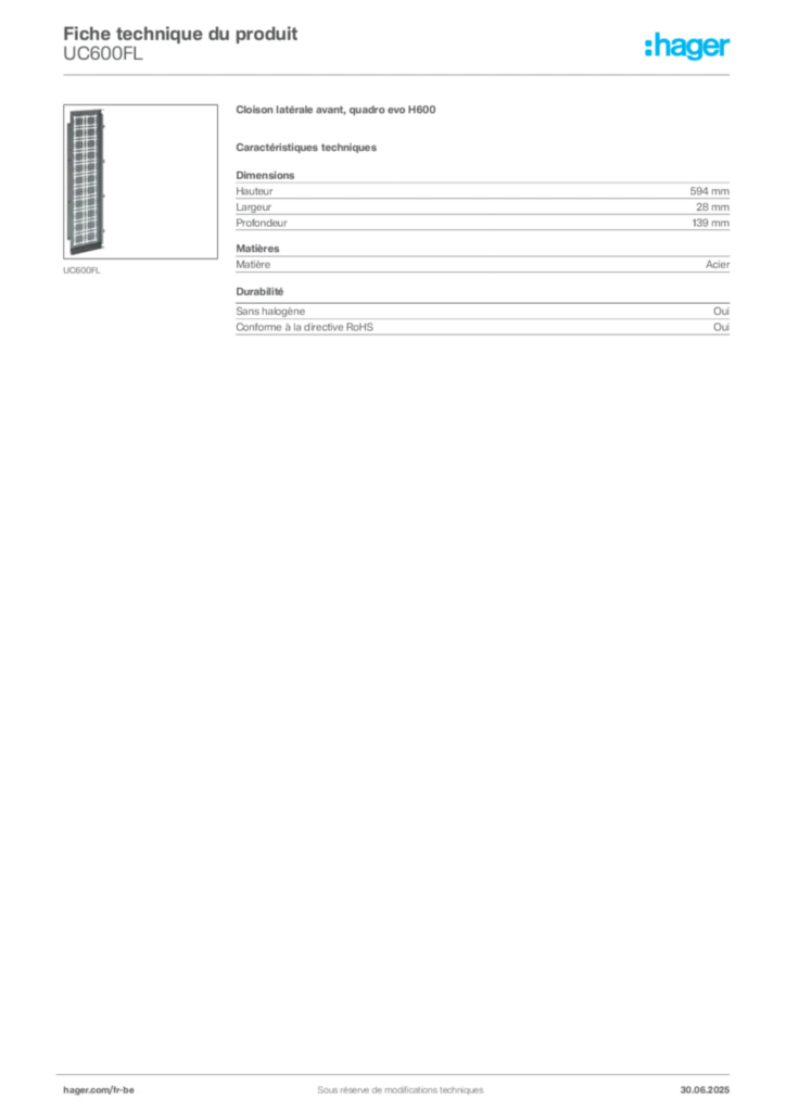 Image Hager Fiche technique du produit UC600FL | Hager Belgique