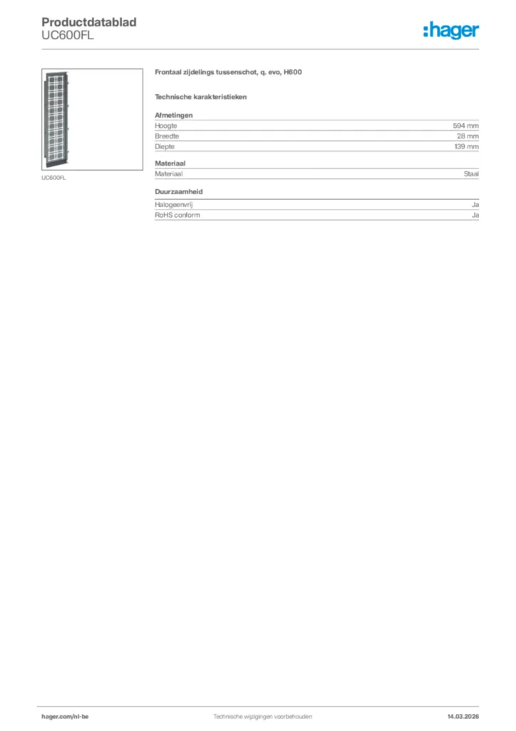 Afbeelding Hager Productdatablad UC600FL | Hager Belgium