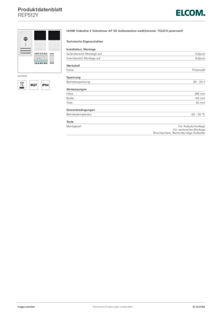 Bild Elcom Produktdatenblatt REP512Y | Hager Deutschland