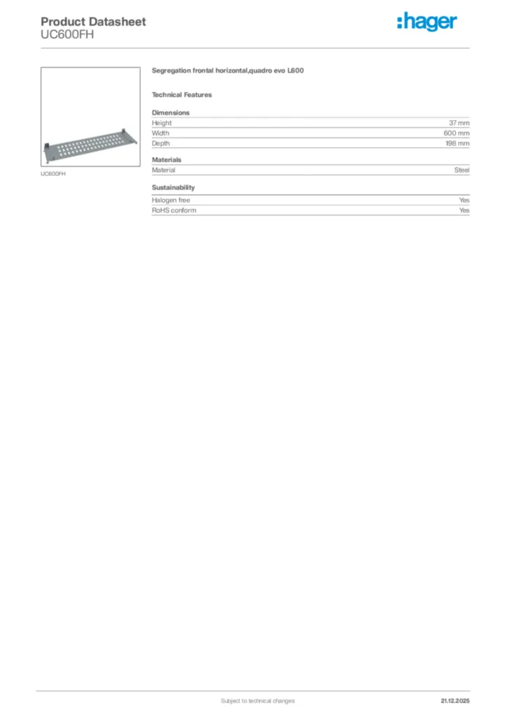 Image Hager Product data sheet UC600FH  | Hager Africa