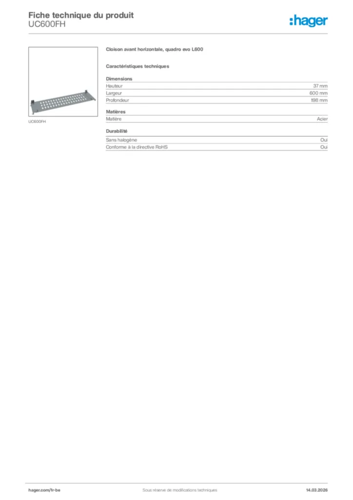 Image Hager Fiche technique du produit UC600FH | Hager Belgique
