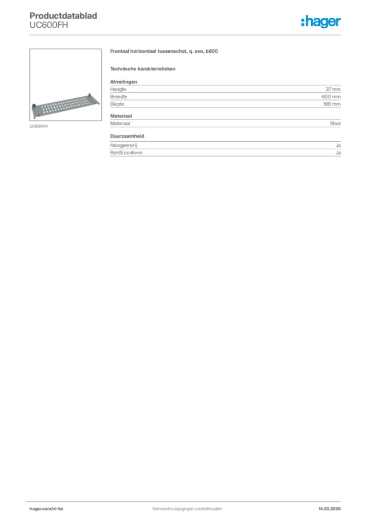 Afbeelding Hager Productdatablad UC600FH | Hager Belgium
