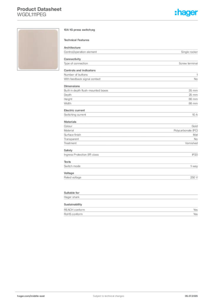 Image Hager Product data sheet WGDL111PEG  | Hager