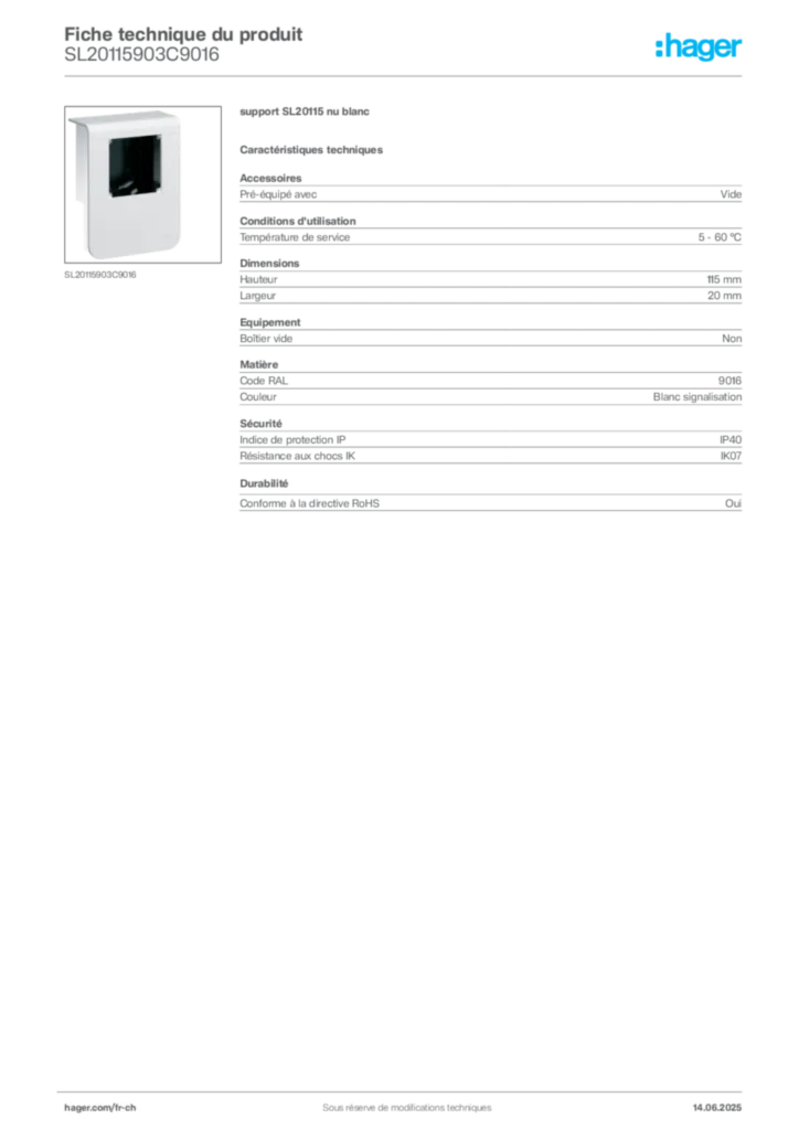 Image Hager Fiche technique du produit SL20115903C9016 | Hager Suisse