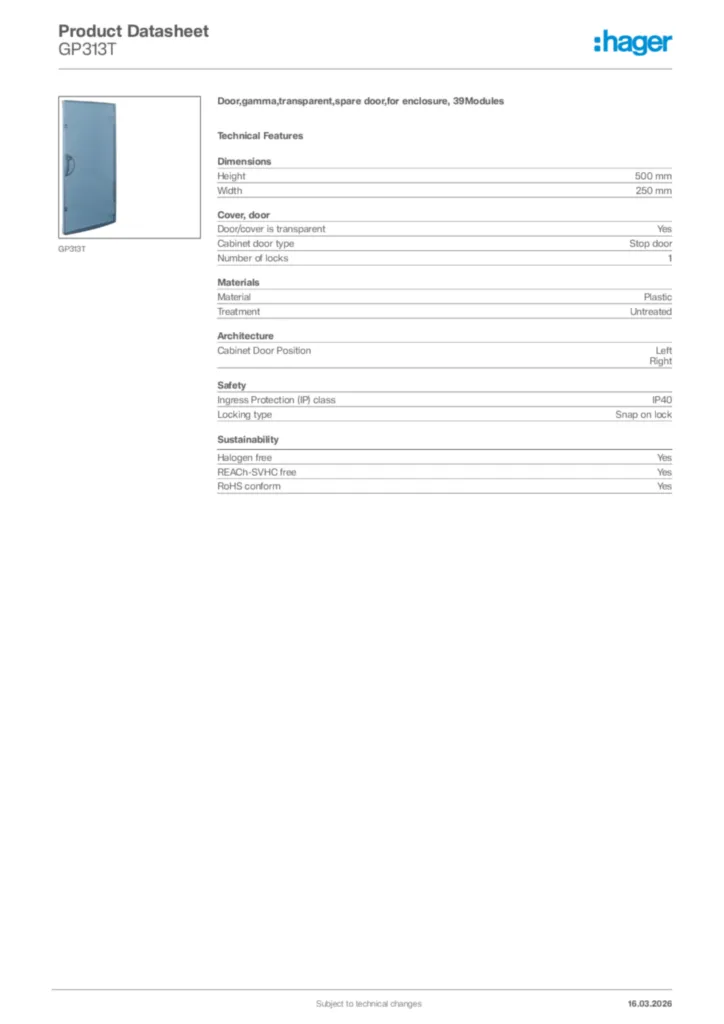 Image Hager Product data sheet GP313T  | Hager Africa