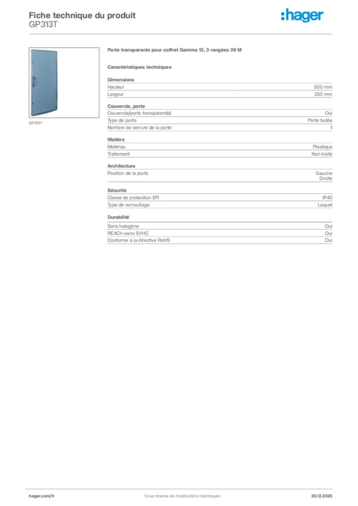 Image Hager Fiche technique du produit GP313T | Hager France