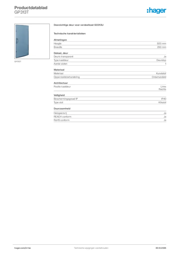 Afbeelding Hager Productdatablad GP313T | Hager Belgium