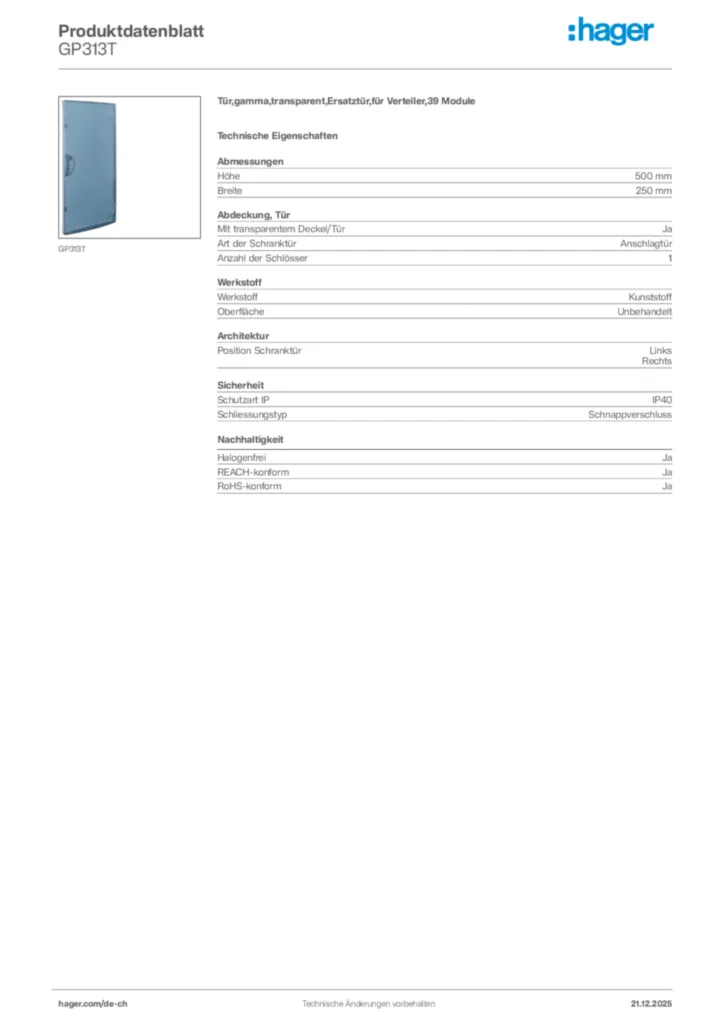 Bild Hager Produktdatenblatt GP313T | Hager Schweiz