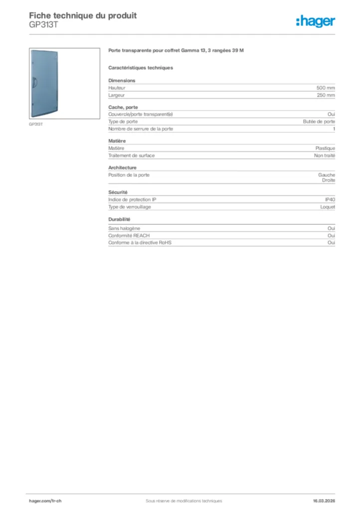 Image Hager Fiche technique du produit GP313T | Hager Suisse