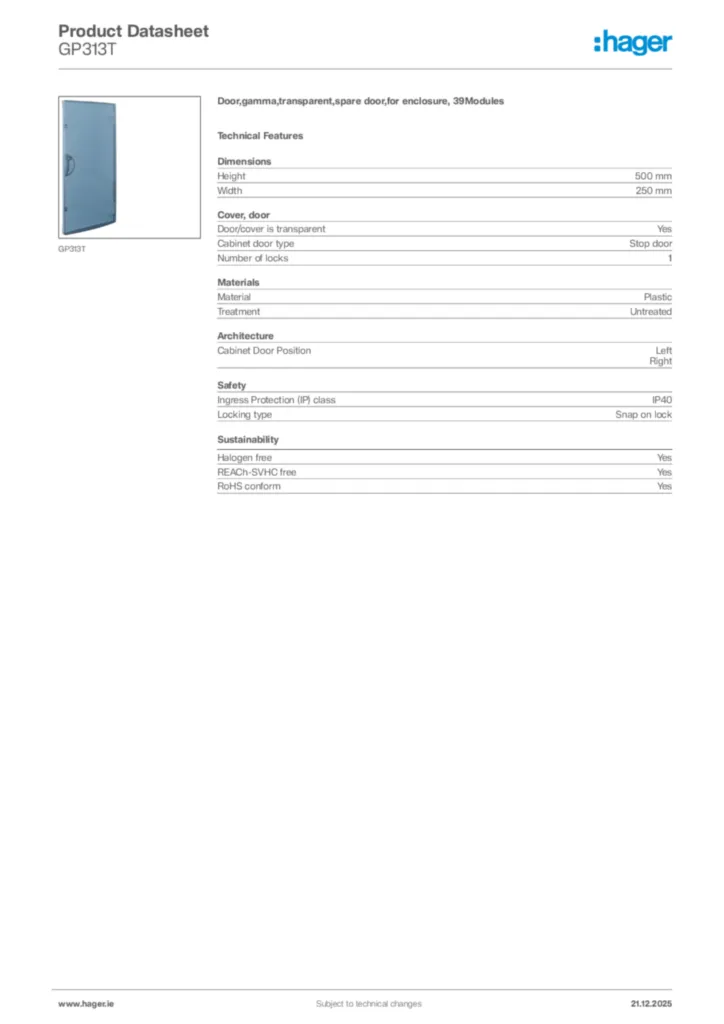 Image Hager Product data sheet GP313T  | Hager
