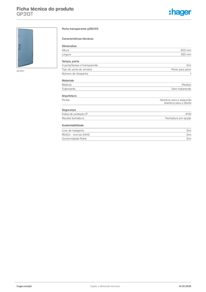 Imagem Hager Ficha técnica do produto GP313T | Hager Portugal