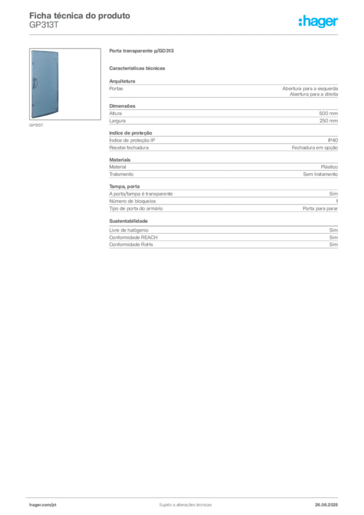 Imagem Hager Ficha técnica do produto GP313T | Hager Portugal