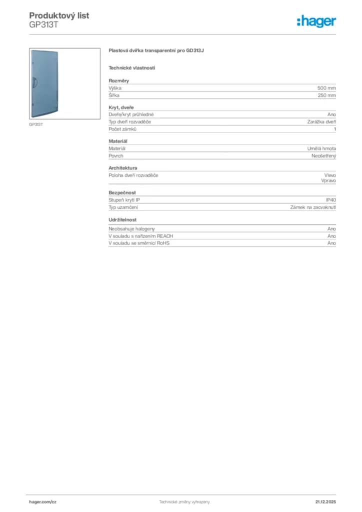Obrázek Hager Produktový list GP313T | Hager