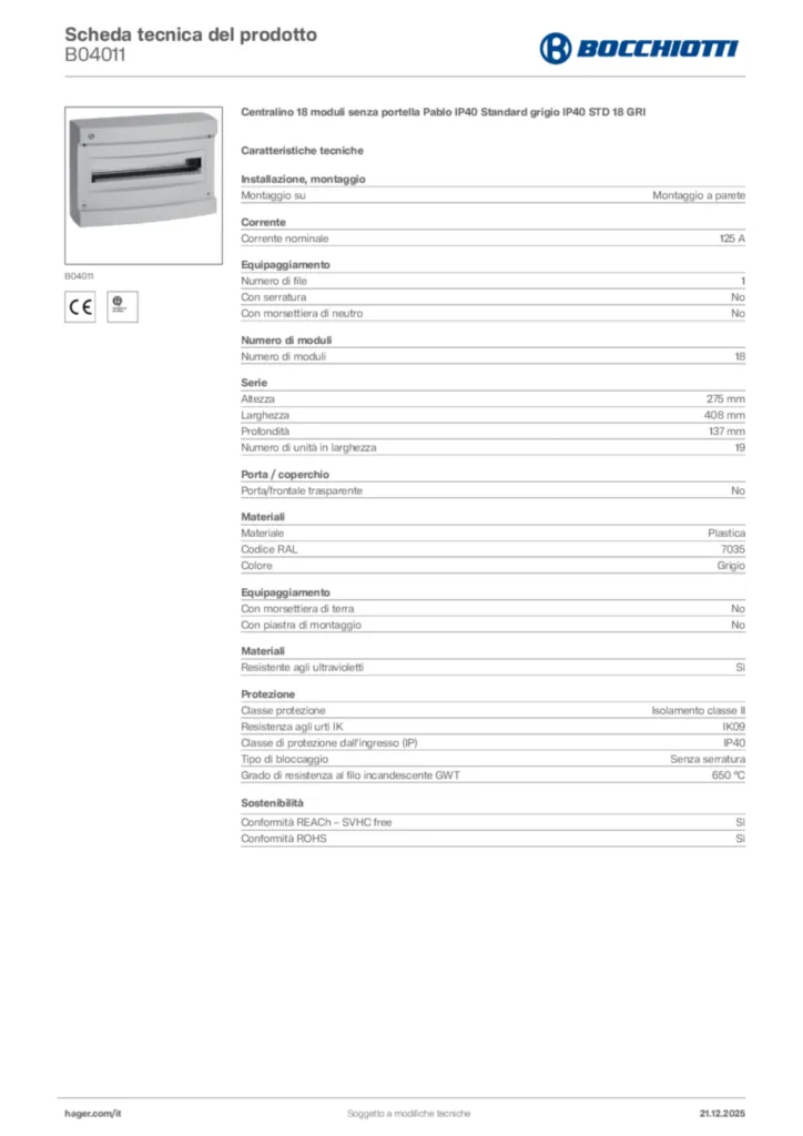 Immagine Bocchiotti Scheda tecnica del prodotto B04011 | Hager Italia