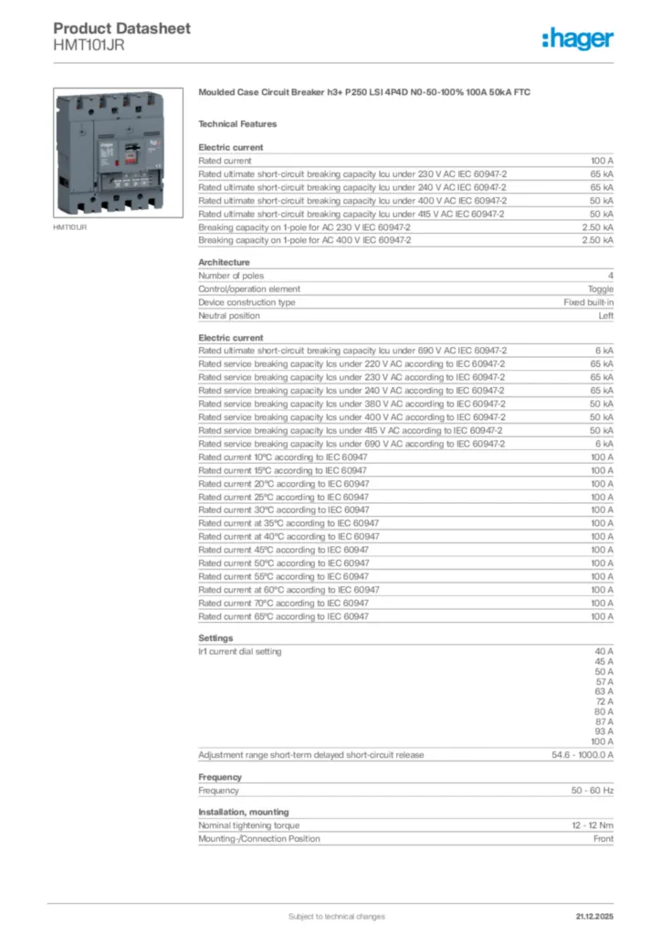 Image Hager Product data sheet HMT101JR  | Hager Africa