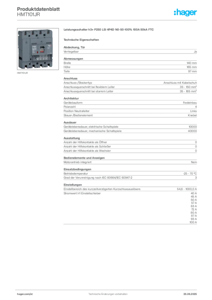 Bild Hager Produktdatenblatt HMT101JR | Hager Deutschland