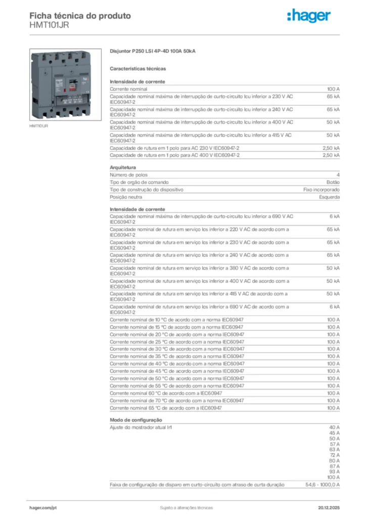 Imagem Hager Ficha técnica do produto HMT101JR | Hager Portugal