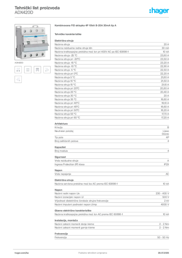 Slika Hager Product data sheet ADX420D  | Hager