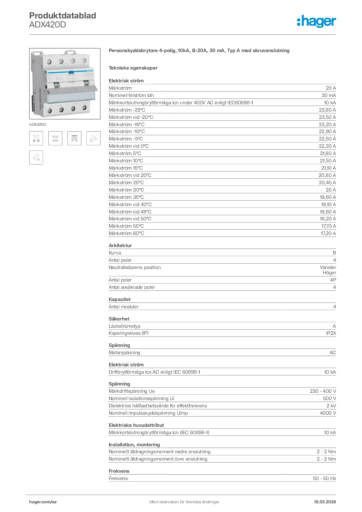 Bild Hager Produktdatablad ADX420D | Hager Sverige