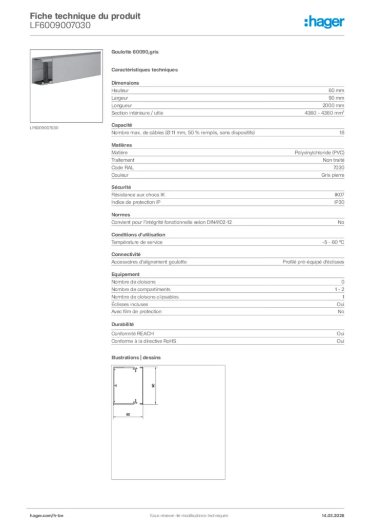 Image Hager Fiche technique du produit LF6009007030 | Hager Belgique