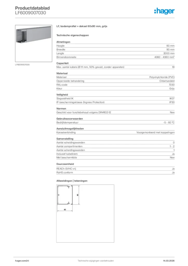 Afbeelding Hager Productdatablad LF6009007030 | Hager Nederland
