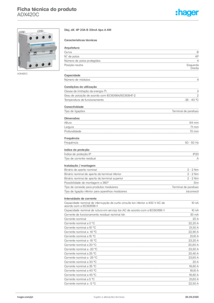 Imagem Hager Ficha técnica do produto ADX420C | Hager Portugal