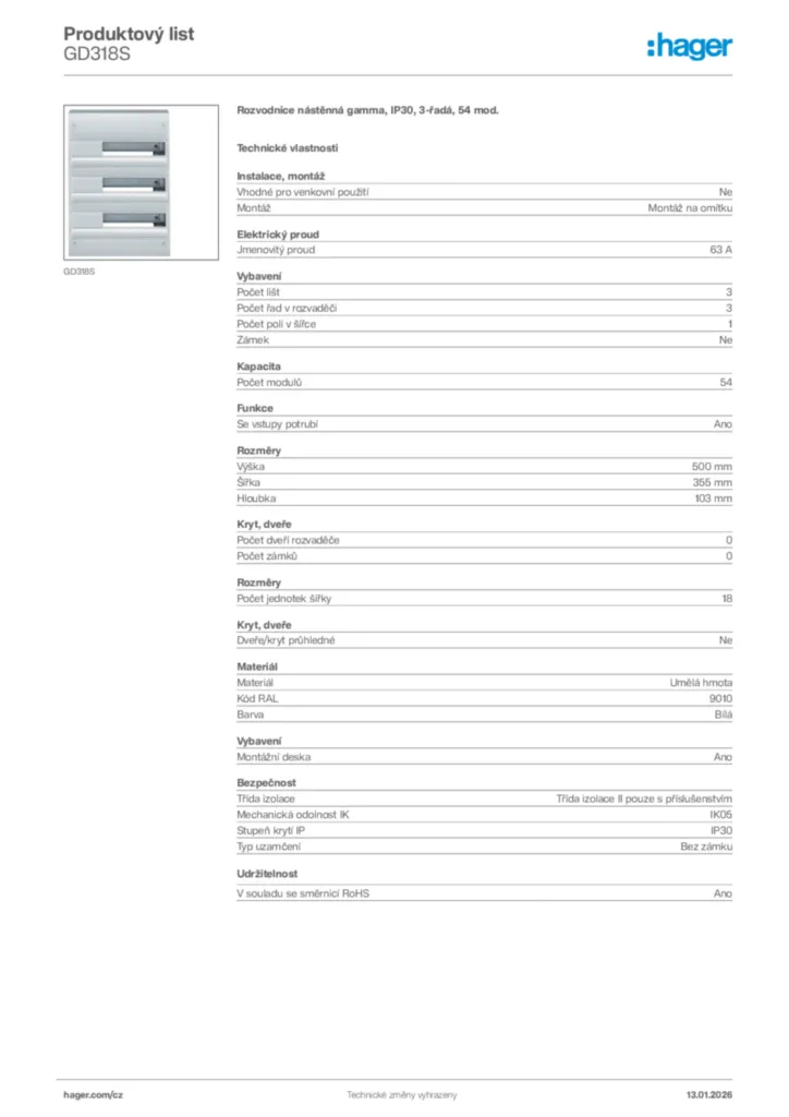 Obrázek Hager Product data sheet GD318S | Hager