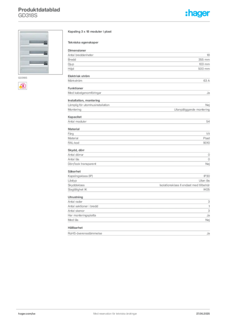 Bild Hager Produktdatablad GD318S | Hager Sverige