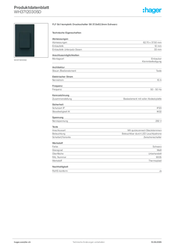 Bild Hager Produktdatenblatt WH37120305D | Hager Schweiz