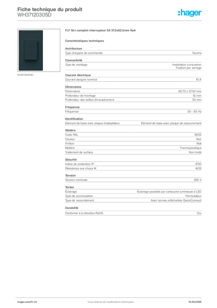 Image Hager Fiche technique du produit WH37120305D | Hager Suisse