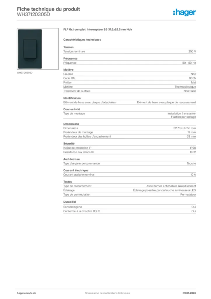 Image Hager Fiche technique du produit WH37120305D | Hager Suisse