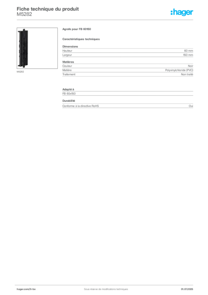 Image Hager Fiche technique du produit M5282 | Hager Belgique