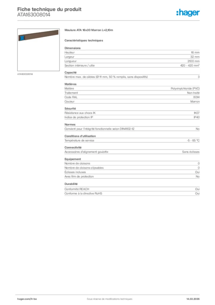 Image Hager Fiche technique du produit ATA163008014 | Hager Belgique