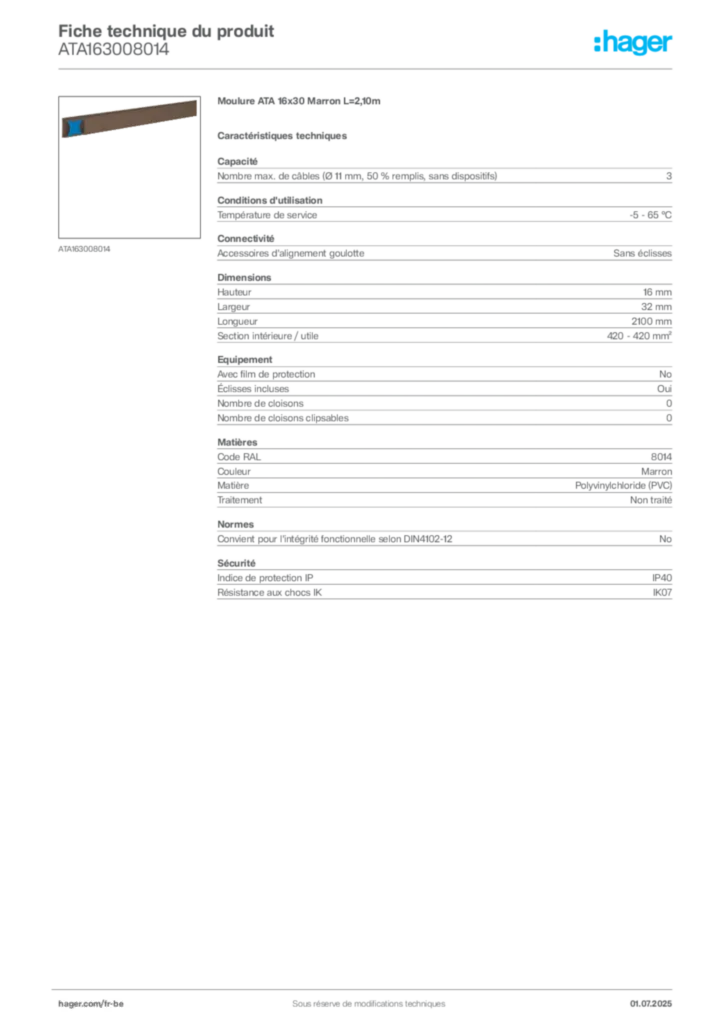 Image Hager Fiche technique du produit ATA163008014 | Hager Belgique